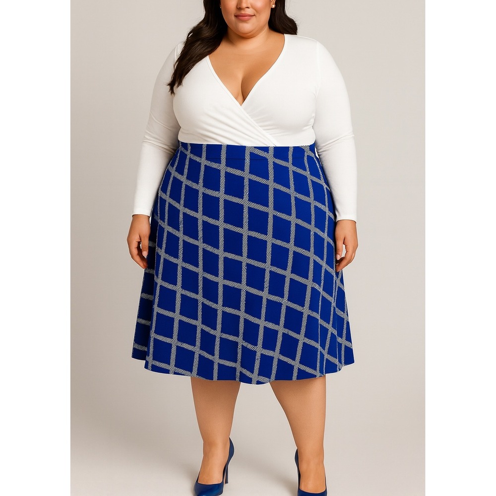 Ava & Viv Women's‎ 1X Navy Blue Windowpane Plaid A-Line Midi Skirt Plus Size